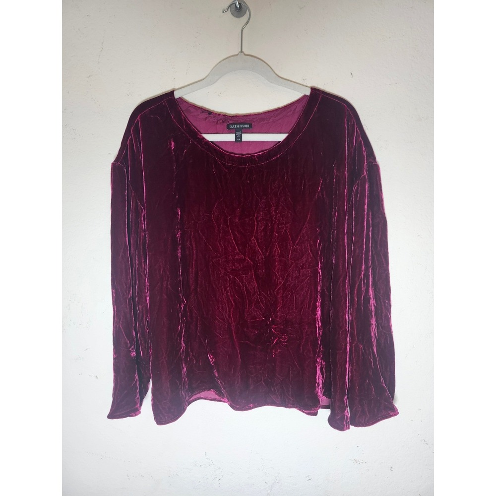 Eileen Fisher Velvet Top Large Beet Berry Silk Blend Long Sleeve Scoop Neck